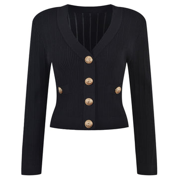 Vida V-neck Knit Cardigan with Gold Buttons - SunsetFashionLA